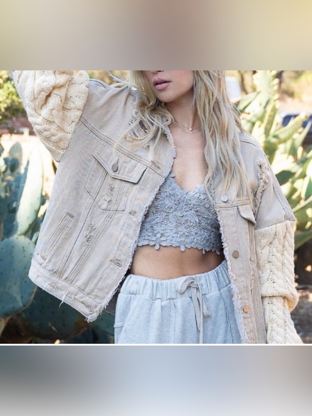 POL Distressed Denim Jacket Wheat Ivory Cable Knit Boho Sleeves Medium